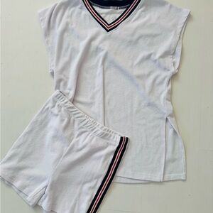 FP Movement white v neck tunic with navy and red stripes